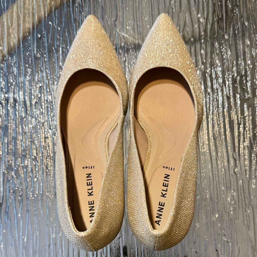 Anne Klein Glitter Pointed-Toe Heels in Champagne Gold